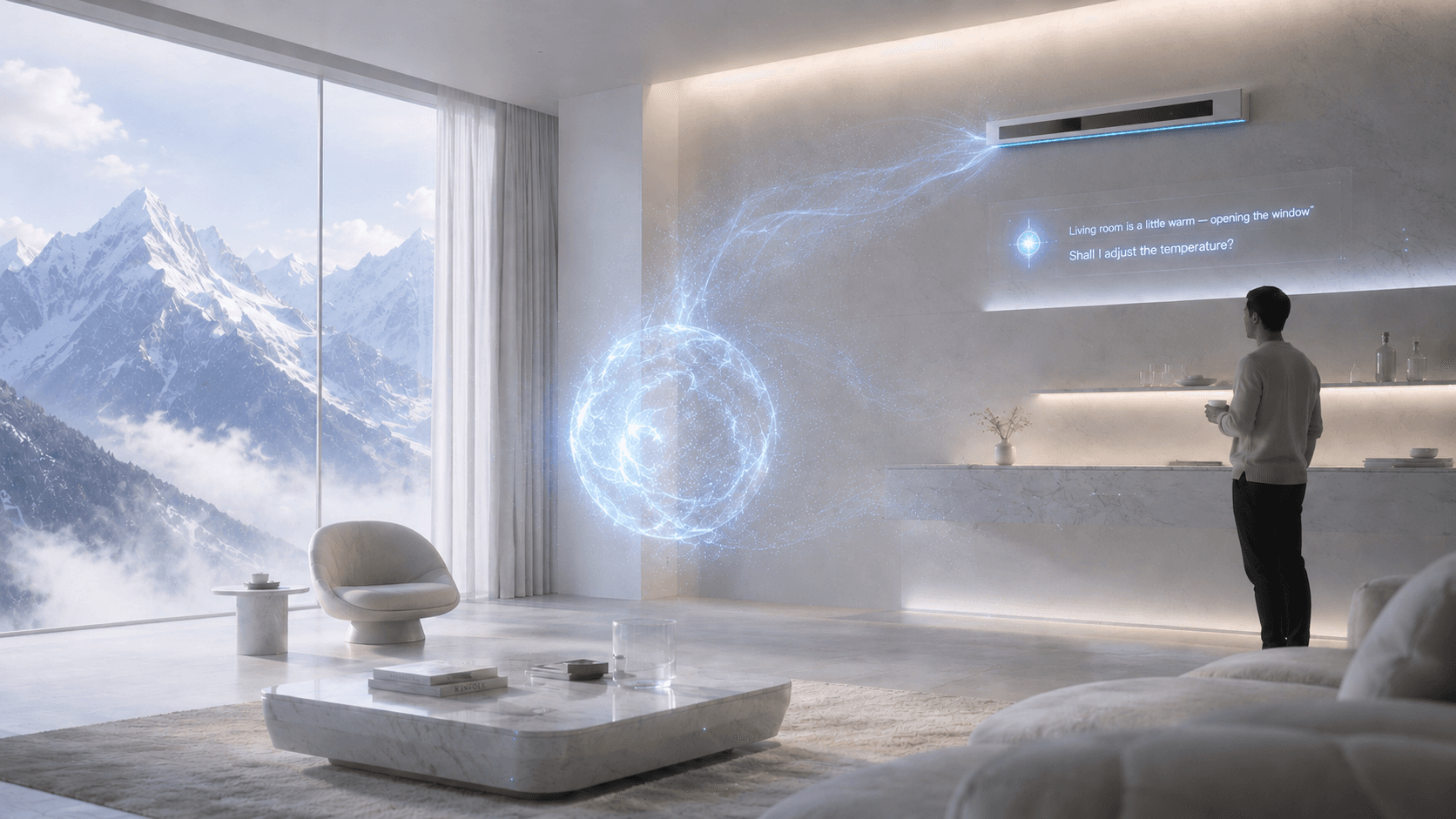 The Butler: a swirl of blue light in a bright living room, beneath The Bar on the wall