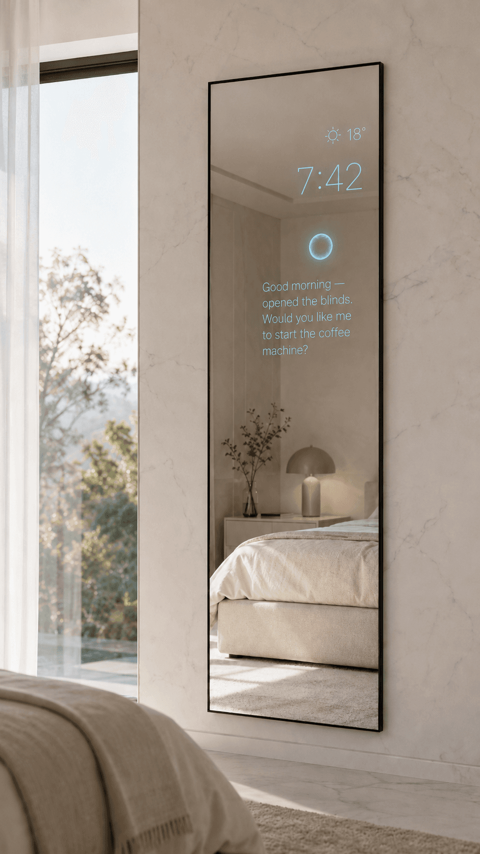 The Smart Mirror: a full-length bedroom mirror showing the time, the weather and a morning greeting